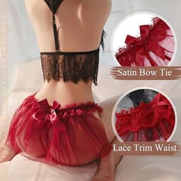 Dames string in rokstijl, sexy lingerie, slipje, mesh, tule, minirok, string, kant, laag uitgesneden ondergoed, transparante ruche, slipje (rood) — thumbnail 2