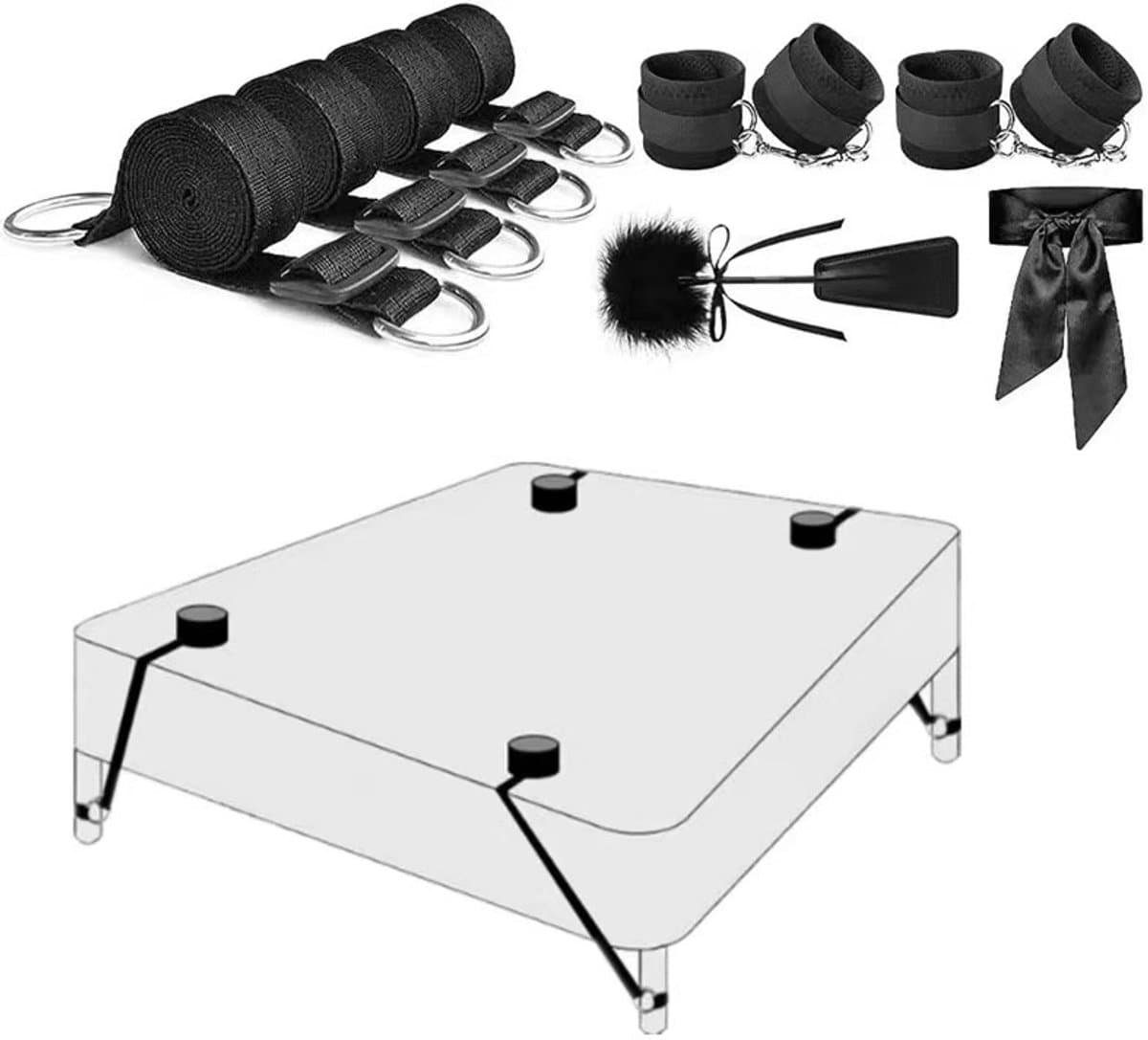 Bondage Set - Bed Fixatie Voor Koppels - Verstelbare Riemen, Boeien, Oogmasker & Veer Kit - Rollenspel Speelgoed — afbeelding 1