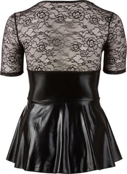 Cottelli Plus Size – Wetlook Mini Jurk met Rode Veters en Diepe Decolleté Kinky en Uitdagend – Maat 2XL – Zwart — thumbnail 5