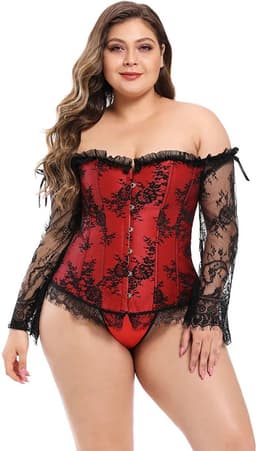 Corset Dames Rood Zwart Kant – Lange Mouwen Sexy — thumbnail 5