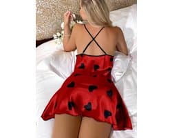 Nachtjurk - Maat L - Rood zwarte hartje - Spaghetti bandjes - Sexy nachtjurk - Slaapjurk - Nacht lingerie - Nachtjapon - Slaap kleding