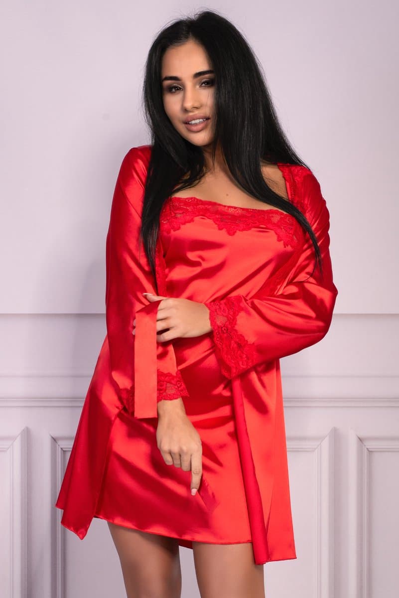 Lingerie Set Rood - Sexy Badjas + Slipdress + String - Maat: L/XL - Model: Jacqueline — afbeelding 1