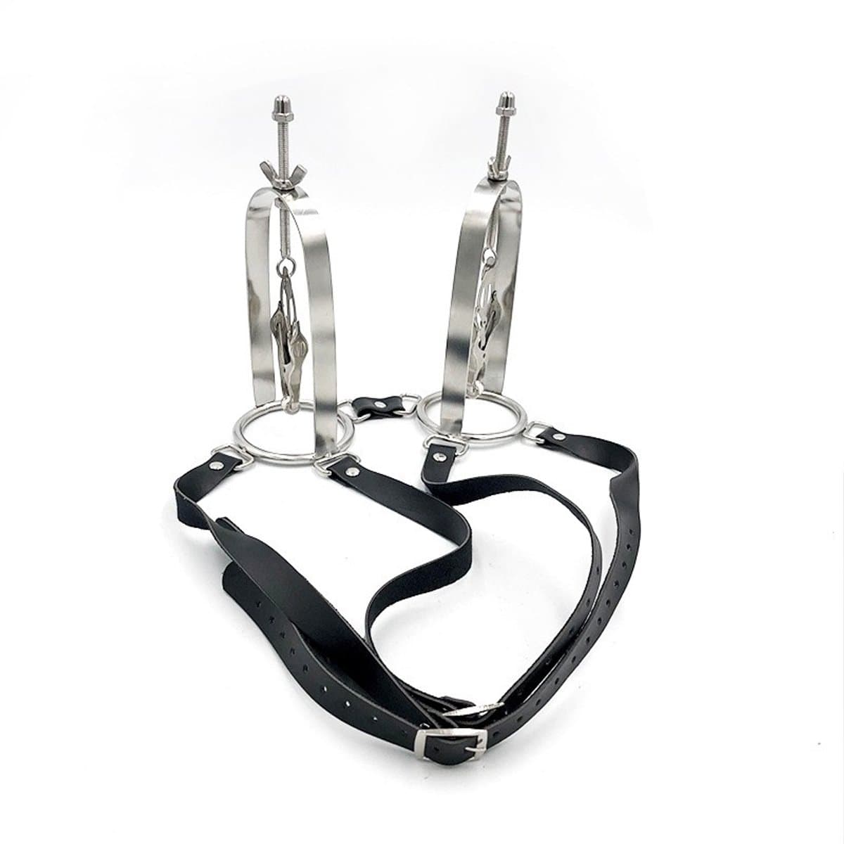 Nooitmeersaai - Tepelstretchers kooi met harnas - Metaal/PU leer - Zilver/zwart - 450 gram — afbeelding 1