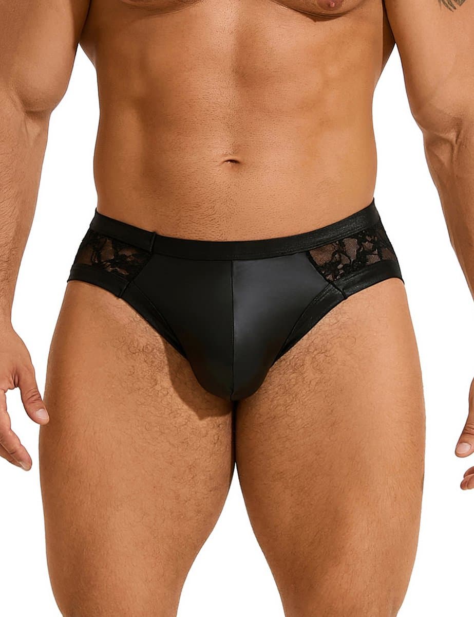 Sexy heren slips van leer en kant - maat M/L - BDSM - black sexy leather lace men underwear - clubwear heren latex ondergoed erotiek mannen — afbeelding 1
