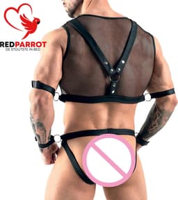 BDSM Outfit - 2 Delig - Handboeien - Topje - Slip - Mesh - Heren - Zwart — thumbnail 3