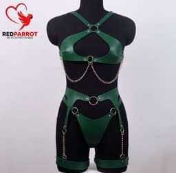 Lederen Bondage Harnas - Dames - BDSM - Full Body - Kettingen - Handboeien - Groen — thumbnail 2