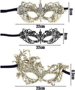 Dailygoods- Masker Set van 3 Stuks - Kanten Masker - Zwart/Goud - Geschikt voor de Meeste Mensen - Elegante Pasvorm - Retrostijl - Feestmasker — thumbnail 3