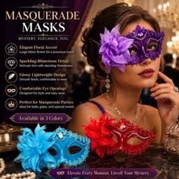 Set van 3 Venetiaanse maskers - halve gezichtsmaskers - blauw paars rood met bloemen en kant - ShopVlot — thumbnail 5