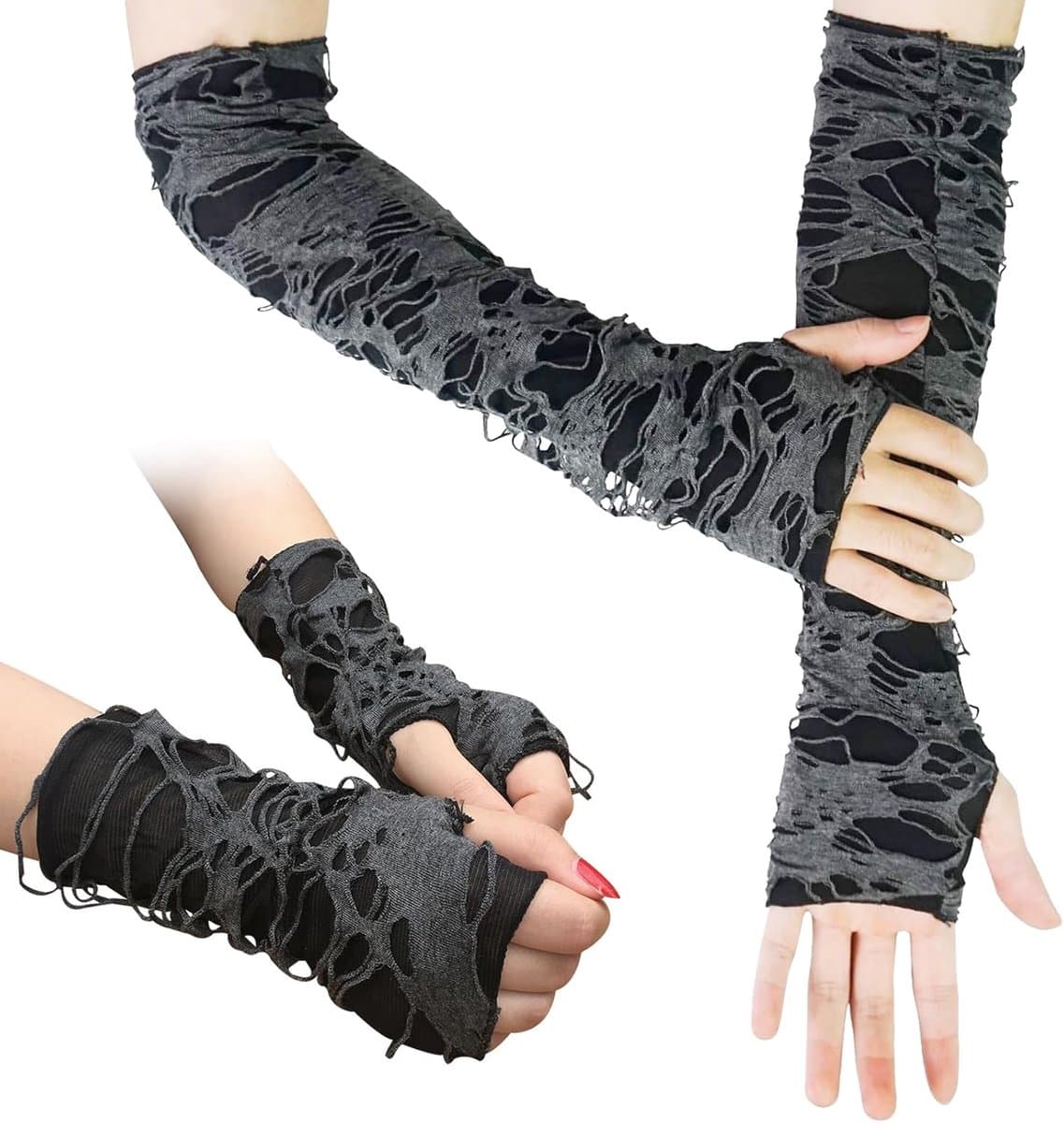 2 paar armwarmers, vingerloze handschoen, lange vingerloze handschoenen, goth-armmouwen, handschoenen met duimgaten voor dames, meisjes, Halloween-kostuum, Zwart, 1 — afbeelding 1
