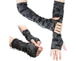 2 paar armwarmers, vingerloze handschoen, lange vingerloze handschoenen, goth-armmouwen, handschoenen met duimgaten voor dames, meisjes, Halloween-kostuum, Zwart, 1
