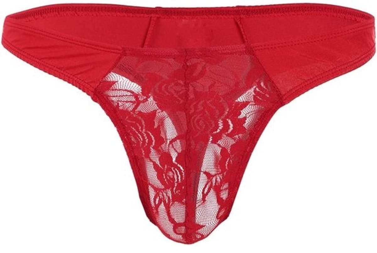 Heren Thong Sissy Lingerie - Elastische Sexy Lace Underwear Jockstrap Bikini G-String Panty Rode Transparante Gay Briefs voor Avondje Uit of Lingerie Nacht — afbeelding 1