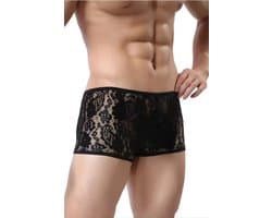 Zwarte Transparante Kanten Boxershort voor Heren in Maten XS S M L XL Comfortabele Herenondergoed met Elegant Kantwerk