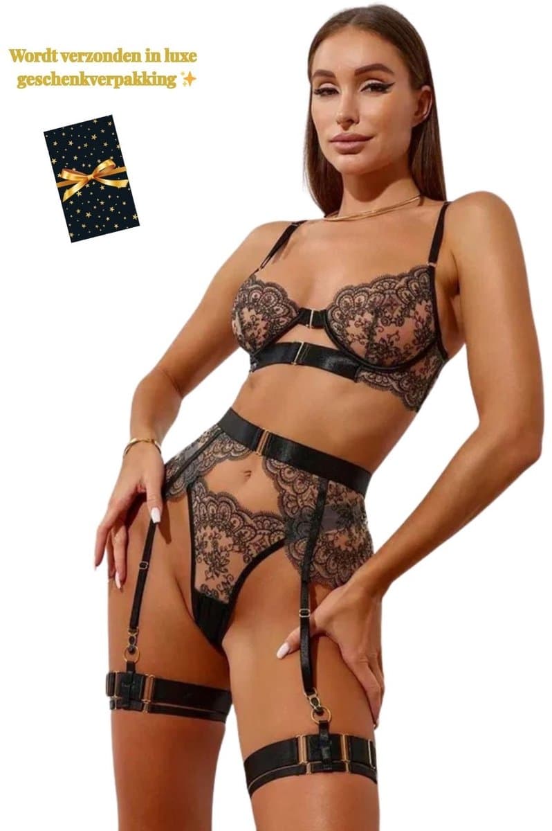 Luxe Lingerieset Dames – Lingerie Erotisch – Sexy Lingerie – 4-delige set – Zwart Kant – Lingerie Setje – Verleidelijke BH met Jarretels & Hoge Taille String – Sexy Lingerie – Chique – Luxe –Boudoir Look – Kinky – Erotisch – Maat XS/S, M, L, XL — afbeelding 1