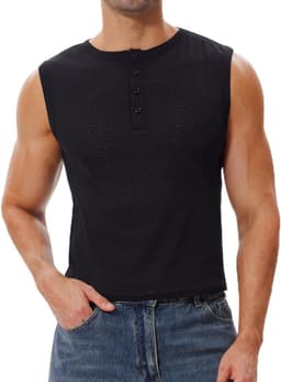Mouwloos Henley shirt voor heren, kort en doorzichtig, ideaal voor festivals, feesten en raves, boxy fit spiershirt — thumbnail 1
