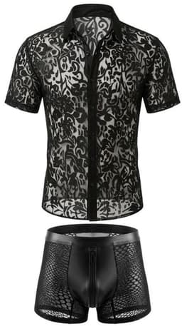 Erotische Herenblouse Zwart - Transparant Kanten Overhemd voor Heren - Sexy Clubwear voor Mannen - Maat L — thumbnail 4