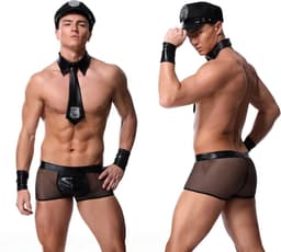 4-Delig Sexy Heren Kostuum - Politie - Boxer, Pet, Kraag met Stropdas en Polsbanden - Zwart Lederlook - Mannen - Heren Lingerie - Vrijgezellenfeest - One Size — thumbnail 2