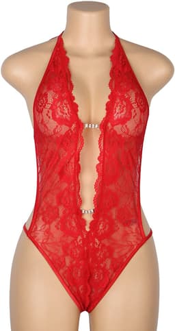 Sexy Lingerie - Erotische Rode Glamour Body Kant met Decolleté - Stras steentjes - Open Kruis - Sexy Teddy - Erotiek - Valentijnsdag - Kleur Rood - Maat M — thumbnail 9