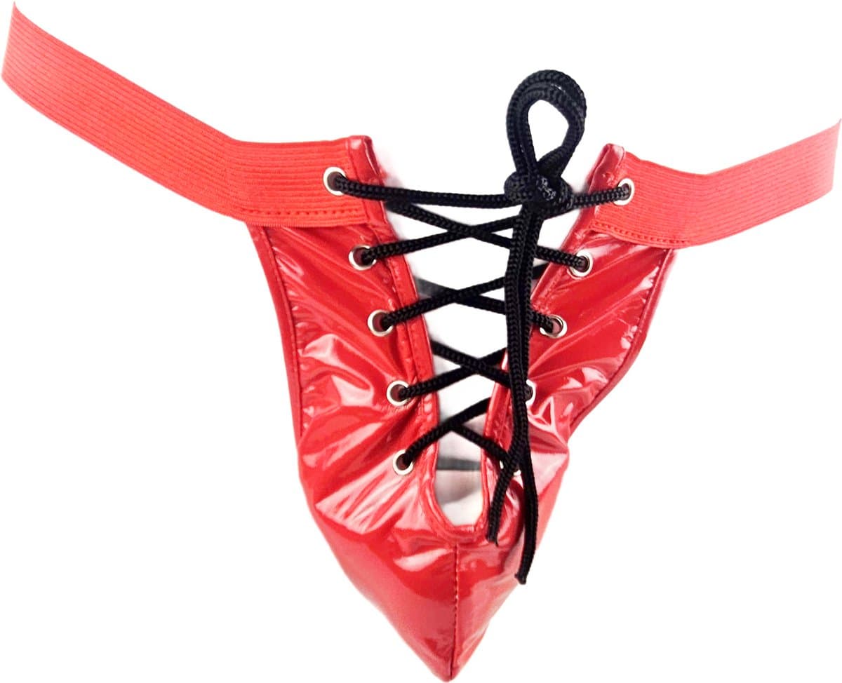 BamBella ® - String Maat L/XL Datex roze (Latex en stof SM kleding BDSM erotische heren kleding ondergoed vetersluiting lingerie onderbroek zwart — afbeelding 1