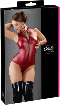 Cottelli Collection –  Wetlook Body met Tweeweg Rits van Hals tot Kruis – Maat S – Rood — thumbnail 10