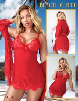 Dames babydoll nachtkleding set - Rode kant lingerie met strik - XXL — thumbnail 3