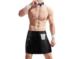 Sexy Kelner Outfit Kostuum Set met Kraag, Vlinderdas, Manchetten en Kort Schort voor Heren