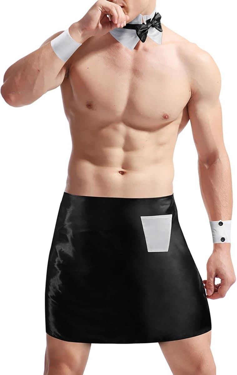 Sexy Kelner Outfit Kostuum Set met Kraag, Vlinderdas, Manchetten en Kort Schort voor Heren — afbeelding 1