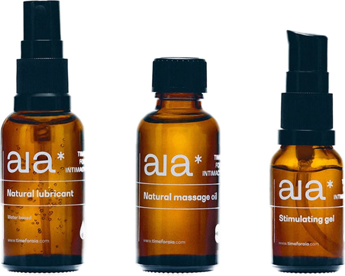 Aia* Intimacy Essentials Box - natuurlijk glijmiddel op waterbasis, stimulerende gel, massageolie - reisverpakking — afbeelding 1