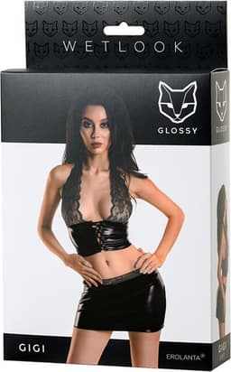 GLOSSY - Wetlook Top en rok set - M - Zwart — thumbnail 3
