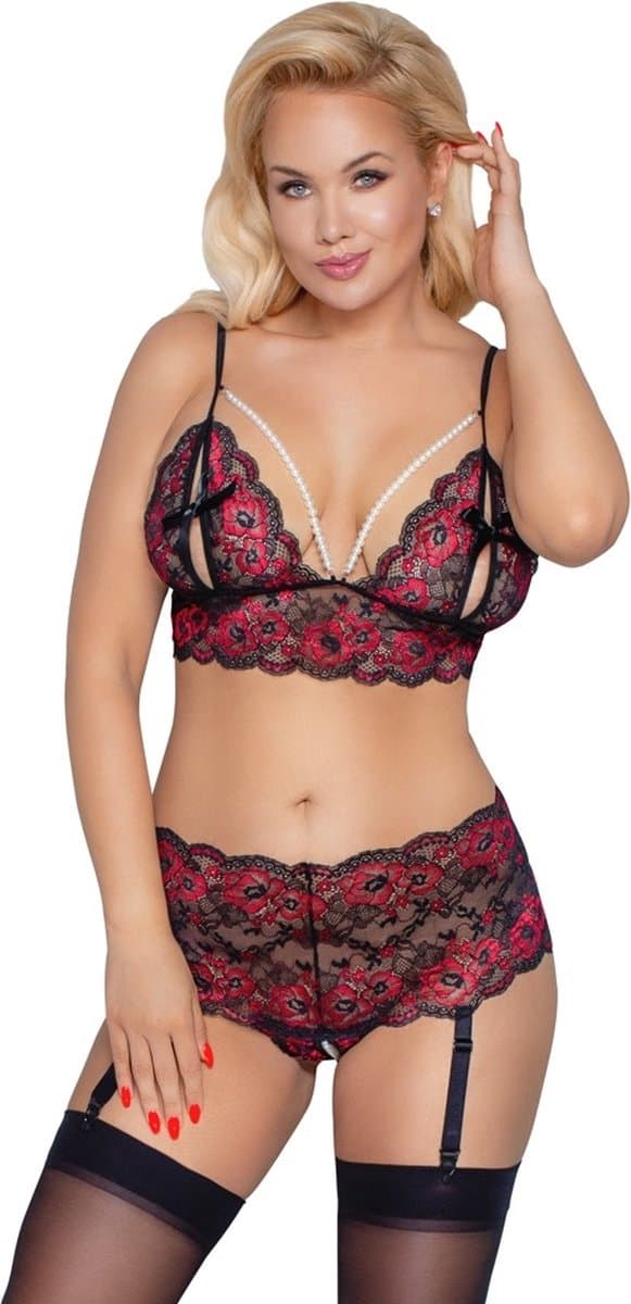 Curvy Kruisloos Kanten Lingerie Set met Parel Bandjes — afbeelding 1