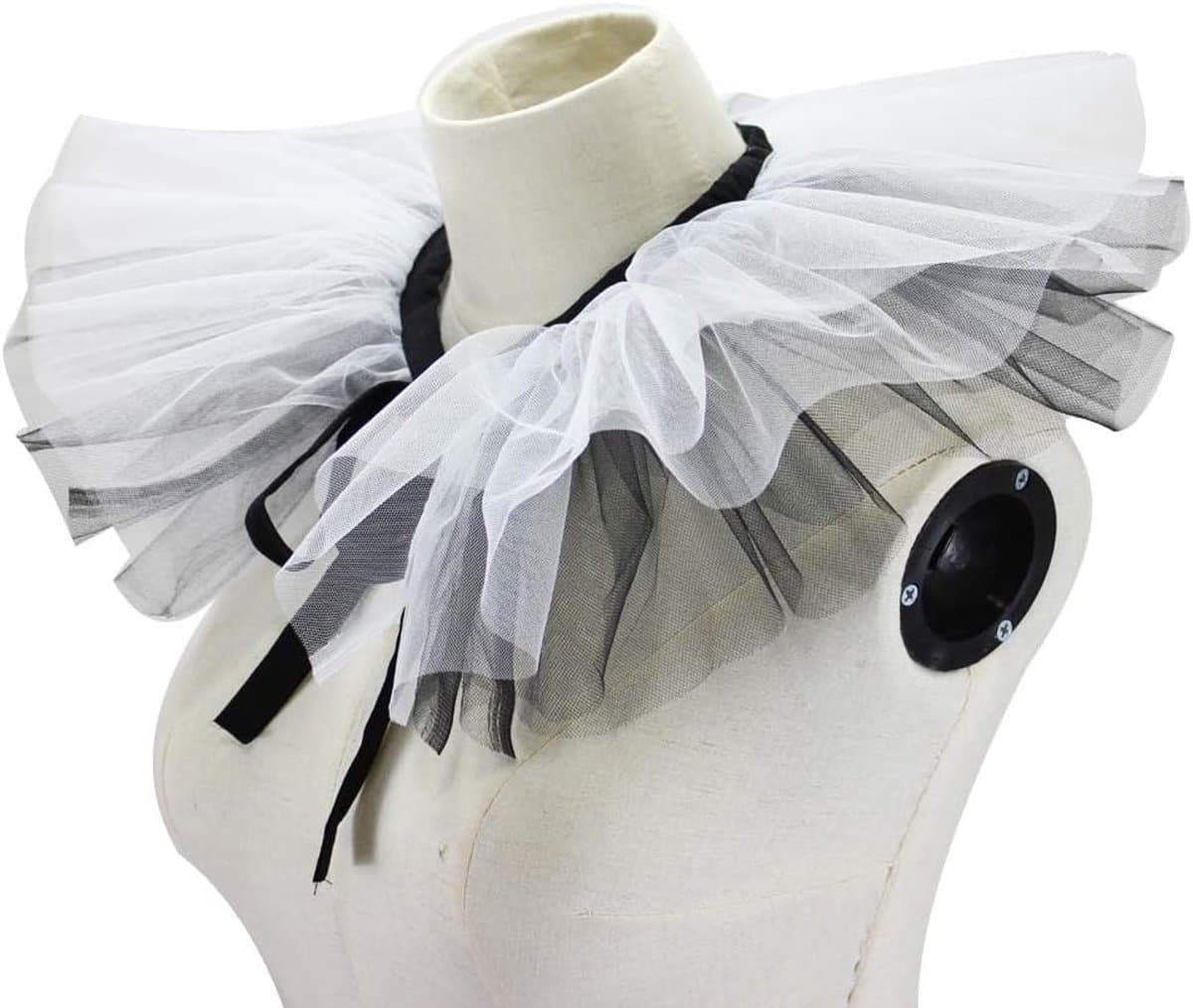 Dames Vintage Tule Kraag Zwart Witte Nepkraag Halsruches Clownkraag Ruches Kant Sierkraag Voor Halloween Carnaval Cosplay Kostuum Accessoires — afbeelding 1