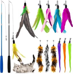 14-delige kattenveer teaserset, interactief kattenspeelgoed met 2 intrekbare kattenhengels en 12 stuks vervangingsspeelgoed voor binnenkatten en kittens, oefening, spelen, plezier — thumbnail 1