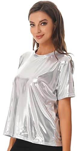 Metallisch T-shirt voor Dames, Glanzend Holografisch Top, Korte en Lange Mouwen, Perfect voor Carnaval en Feestjes — thumbnail 4