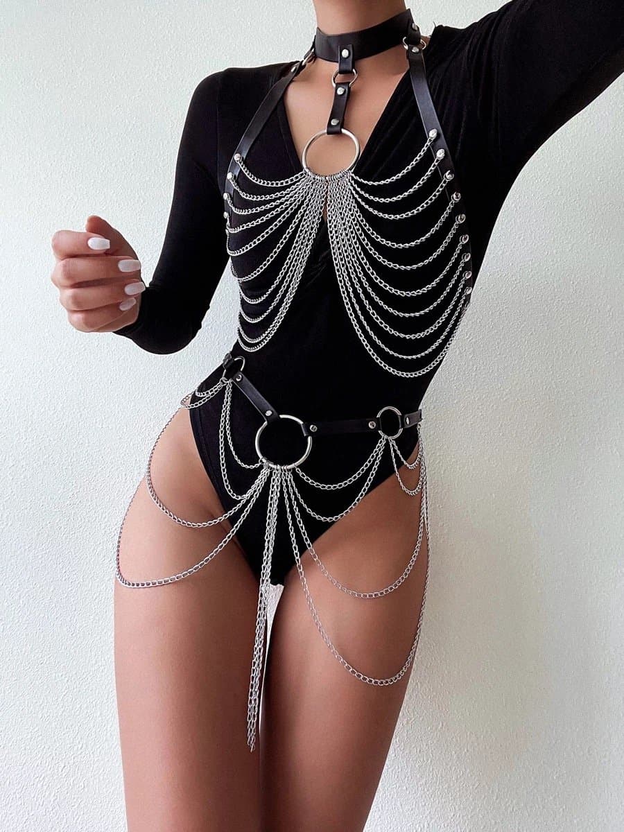 Full Body Harness Leather Belt With Chains | Verstelbaar Harnas met ketting | Sexy Waist Goth Accessories — afbeelding 1