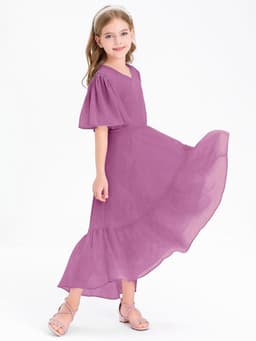 Zomerjurk voor meisjes met V-hals en ruches - Elegante A-lijn casual partyjurk — thumbnail 4