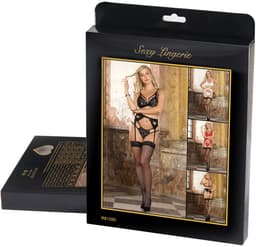 Sexy Lingerie - 3-delige Luxe Erotische Lingerie Set - BH in Kanten Cups met Strikjes - Jarretel en String met hartvorm - Erotiek - Valentijnsdag - kleur Zwart - Maat M-L — thumbnail 5