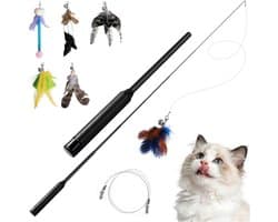 Extra lange kattenhengel (150 cm), interactief kattenspeelgoed met 6 hangers, stabiele kattenhengel van carbon, uittrekbare speelhengel voor katten voor actieve katten, binnen en buiten