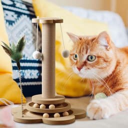 4-in-1 houten kattenrolspeelgoed 2-laags draaitafel interactief houten kattenrolspeelgoed met veren en kattenmuntballen, 40 cm kattenkrabpaal van sisal touw met hangende bal (Groot) — thumbnail 4