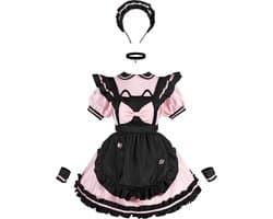 French Maid Kostuum Roze 6-delig - Schort met Poot Borduursel - Perfect voor Cosplay en Halloween - ShopVlot