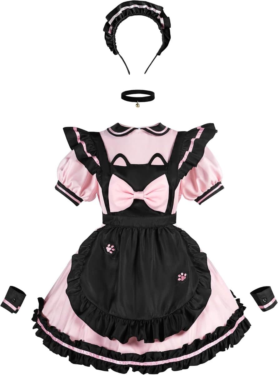 French Maid Kostuum Roze 6-delig - Schort met Poot Borduursel - Perfect voor Cosplay en Halloween - ShopVlot — afbeelding 1