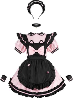 French Maid Kostuum Roze 6-delig - Schort met Poot Borduursel - Perfect voor Cosplay en Halloween - ShopVlot — thumbnail 1