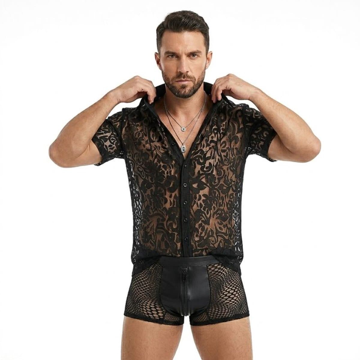 Erotische Herenblouse Zwart - Transparant Kanten Overhemd voor Heren - Sexy Clubwear voor Mannen - Maat L — afbeelding 1