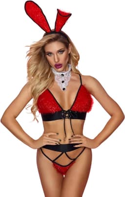 Sexy Bunny Pakje - 4 Delig Konijnen Kostuum - Zwart & Rood - Rollenspel / Cosplay / Roleplay / Anime - Bralette, Haarband, Kraag En Slip - One Size — thumbnail 3