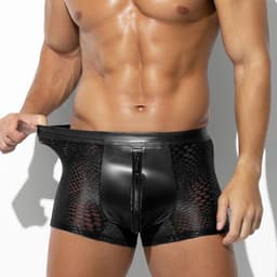Zwarte Low Rise Heren Boxer met Rits – Ademend Mesh & PU-Leren Front – Sexy Stretch Ondergoed voor Mannen- Maat XL — thumbnail 2