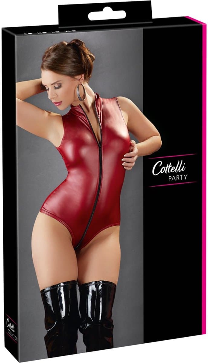 Cottelli Collection –  Wetlook Body met Tweeweg Rits van Hals tot Kruis – Maat M – Rood — afbeelding 1