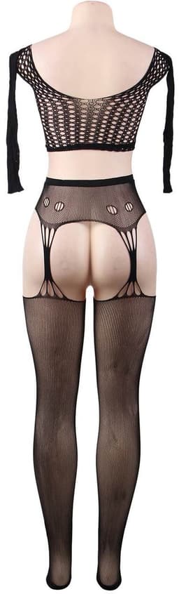 Zeloria 2-Delige Bodystocking Set – Sexy Lingerie met Top & Jarretelle Kousen – Open Kruis – Zwart – L-XXL (Plus Size) — thumbnail 12