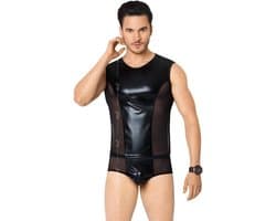 Wetlook heren shirt en slip met netstof details zwart XL