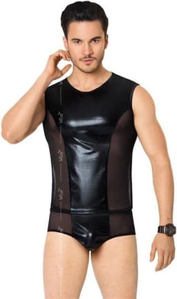 Wetlook heren shirt en slip met netstof details zwart XL — thumbnail 1