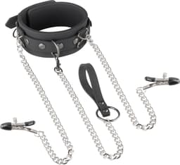 Kunstleren Halsband Met Ketting En Tepelklemmen — thumbnail 1