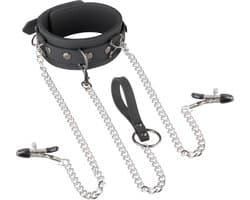 Kunstleren Halsband Met Ketting En Tepelklemmen