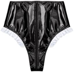 BamBella® Slip Onderbroek - Maat L/XL - Erotische Sexy BDSM Lingerie Dames - Zwart rits ondergoed Datex mix latex en stof wetlook open kruis — thumbnail 4